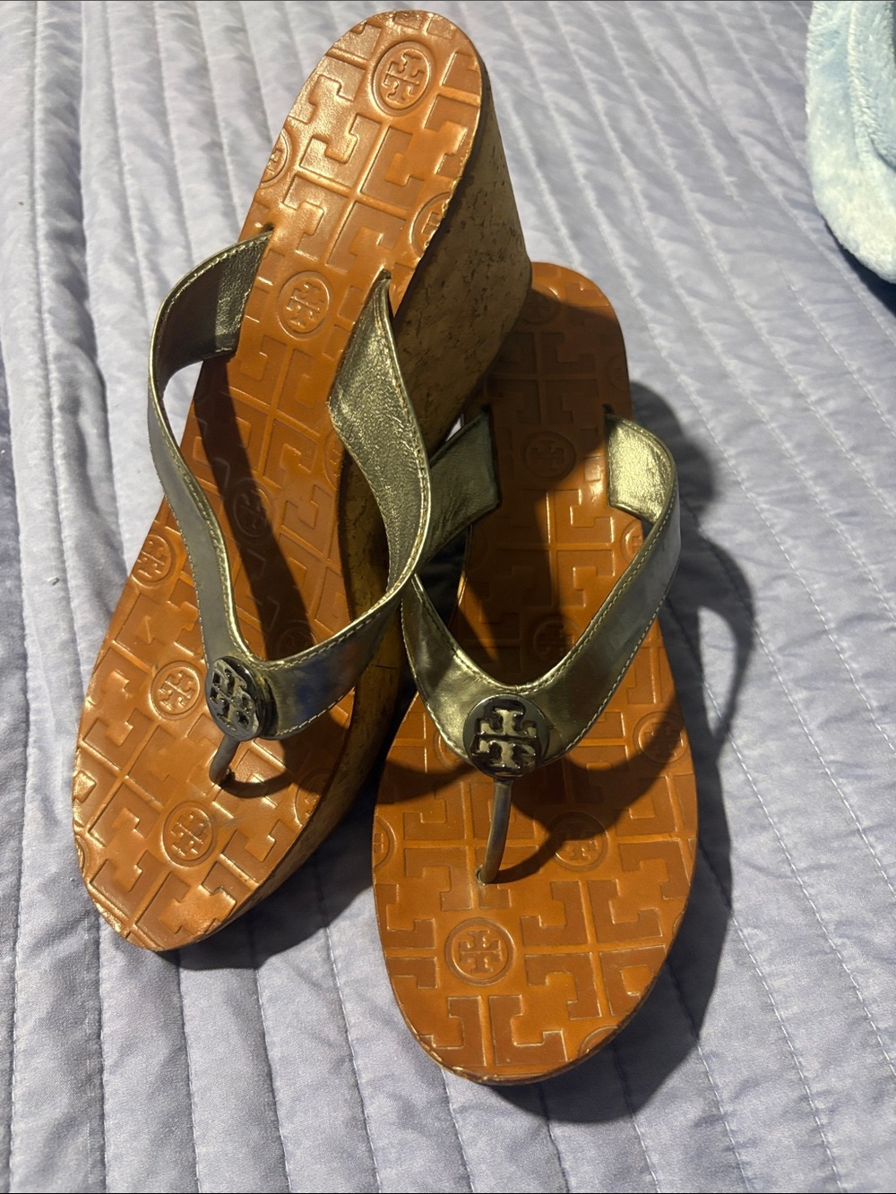 Tory Burch Metallic Bronze Leather Wedge Thong Sandals